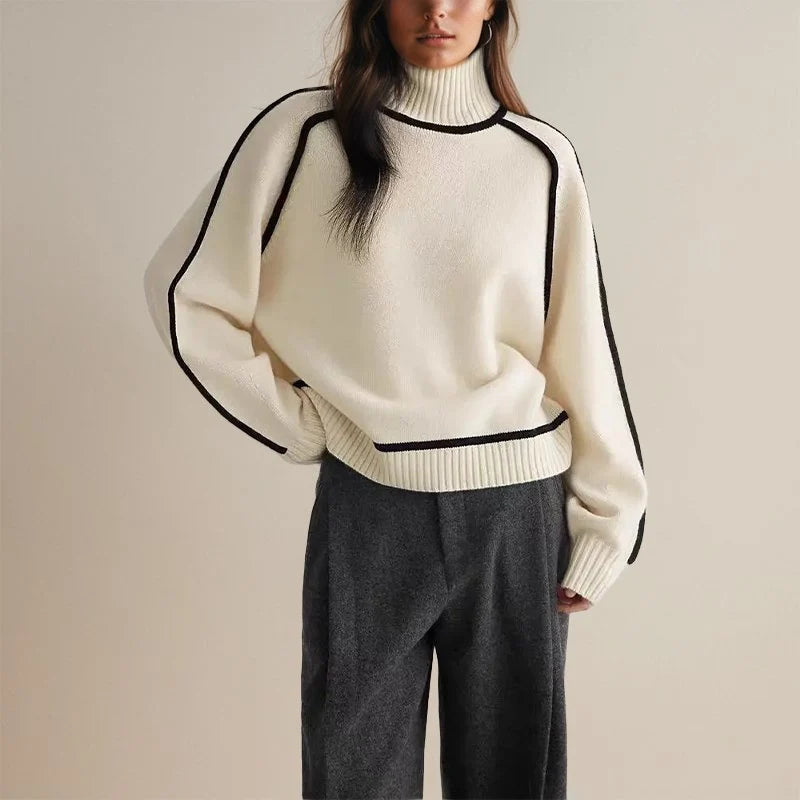 Turtleneck Sweater Color-Block Acrylic-Polyester Blend Regular Fit
