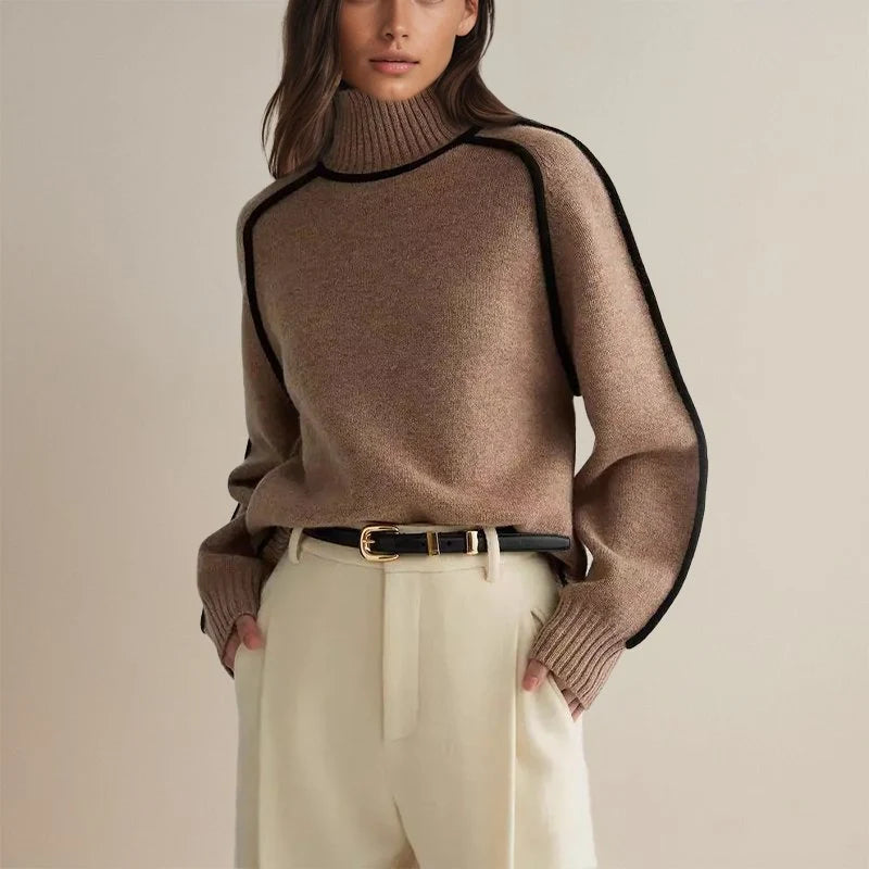 Turtleneck Sweater Color-Block Acrylic-Polyester Blend Regular Fit