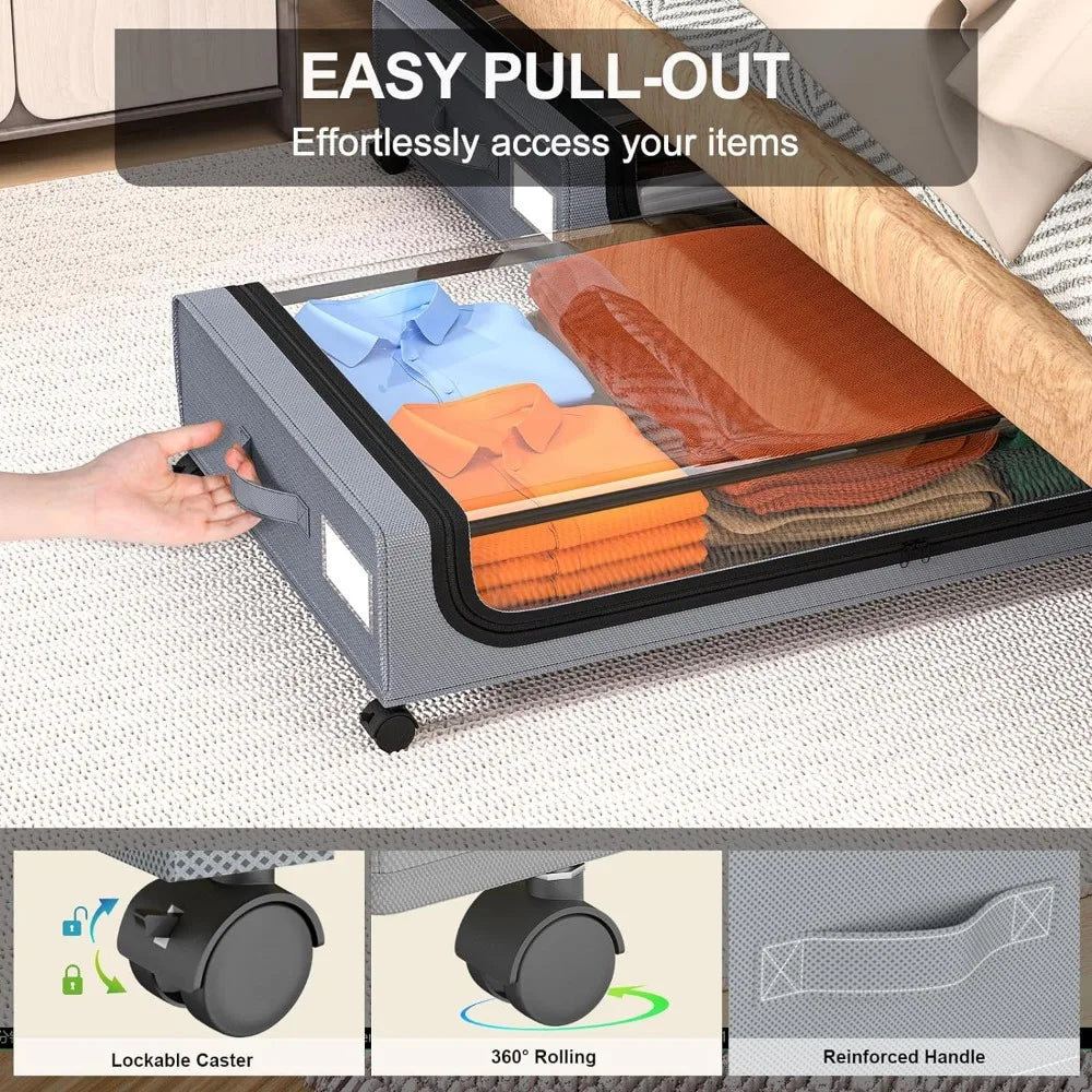 Underbed Storage Organizer 48L Locking Wheels Clear Window