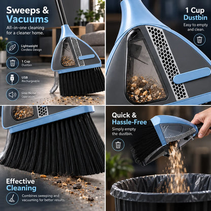 Vacuum Broom Cordless Pressure-Activated Nozzle USB Rechargeable