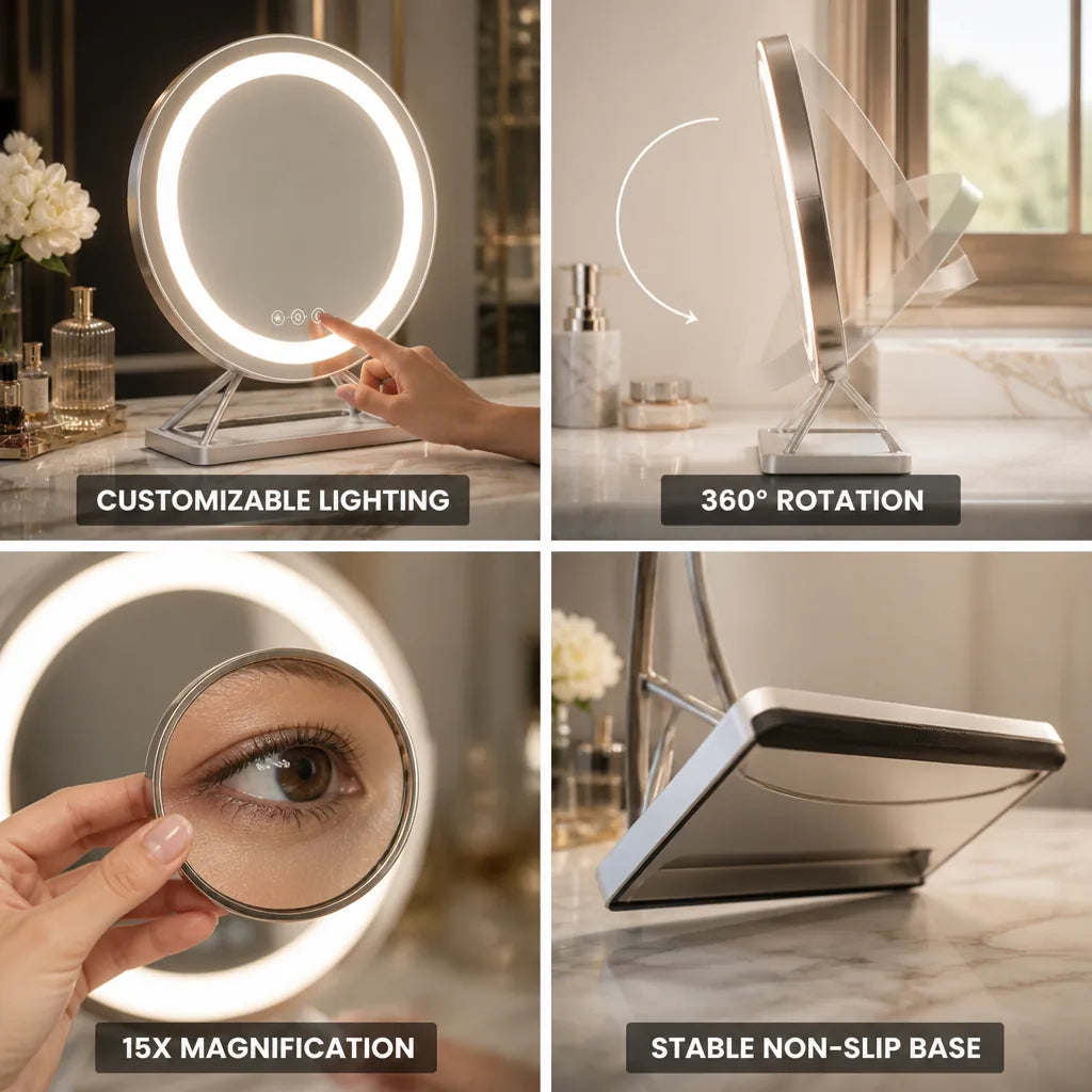 Vanity Mirror Dimmable LED 360° Rotation Detachable 15x Magnifier