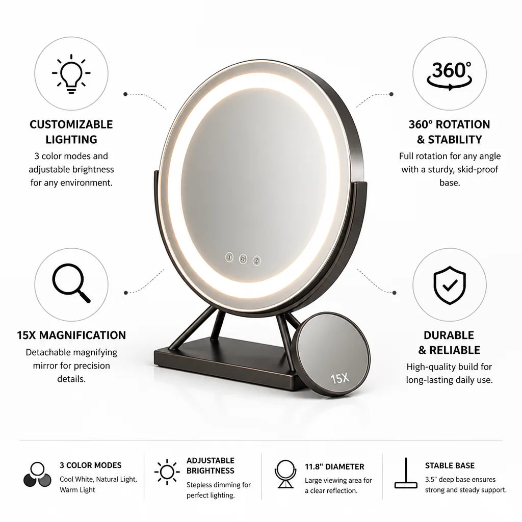 Vanity Mirror Dimmable LED 360° Rotation Detachable 15x Magnifier