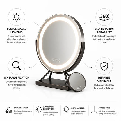 Vanity Mirror Dimmable LED 360° Rotation Detachable 15x Magnifier