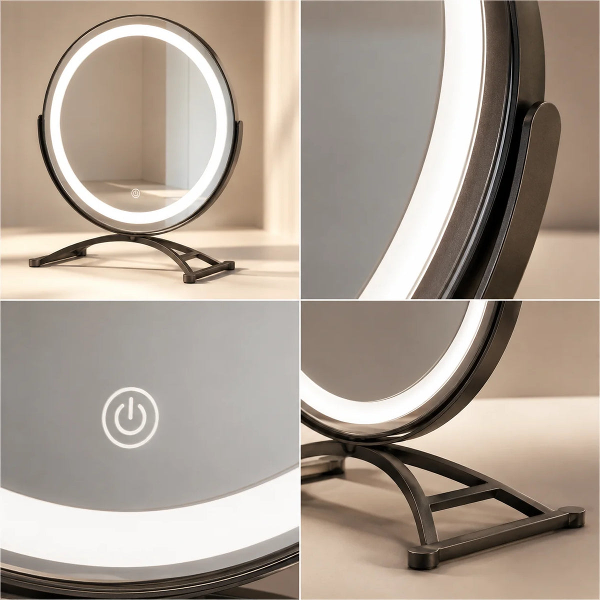 Vanity Mirror Tri-Color Touch LED 360° Rotation & Rechargeable