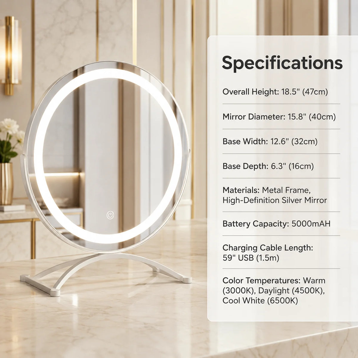 Vanity Mirror Tri-Color Touch LED 360° Rotation & Rechargeable