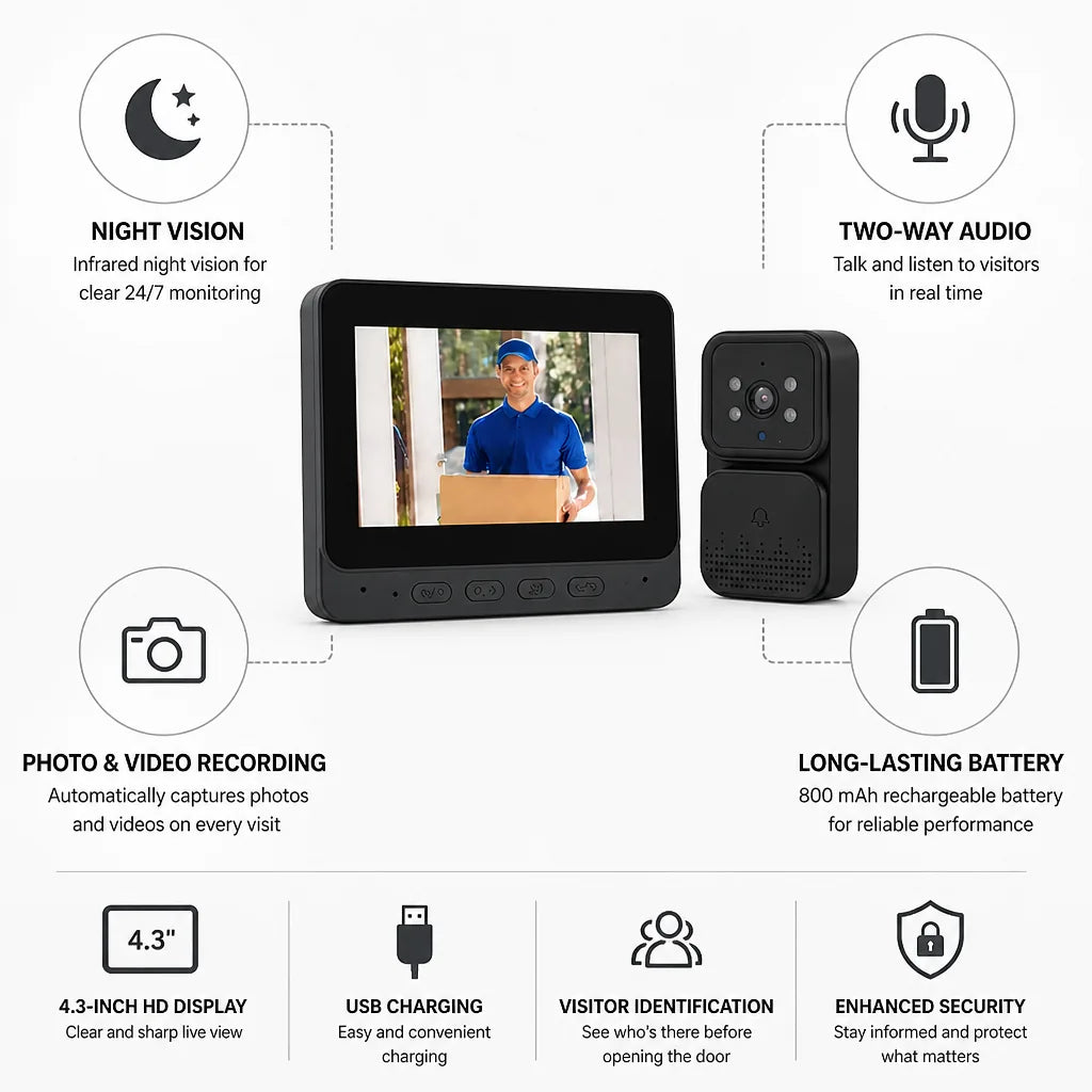 Video Doorbell 4.3-Inch HD Night Vision Two-Way Intercom