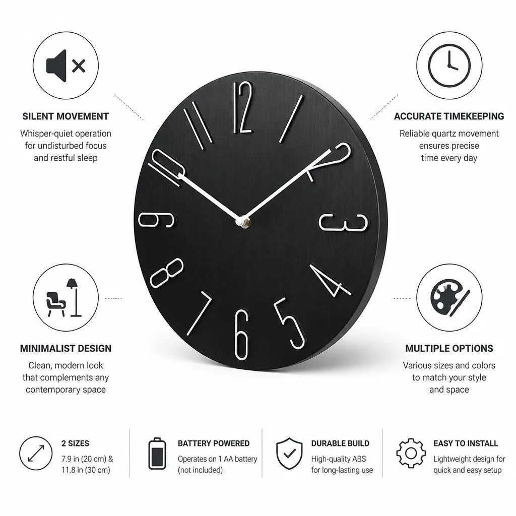 Wall Clock Silent Quartz Movement Minimalist Design