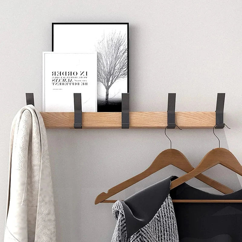 Wall Coat Rack Five Movable Double Hooks Rubber Wood & Aluminum