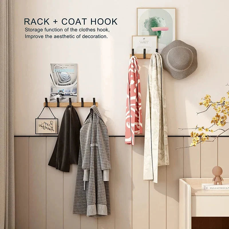 Wall Coat Rack Five Movable Double Hooks Rubber Wood & Aluminum