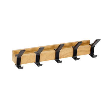 Wall Coat Rack Five Movable Double Hooks Rubber Wood & Aluminum