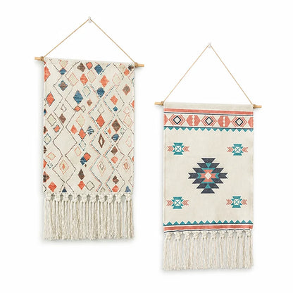 Wall Hanging Set of 2 Woven Cotton-Blend Hand-Knotted Tassels
