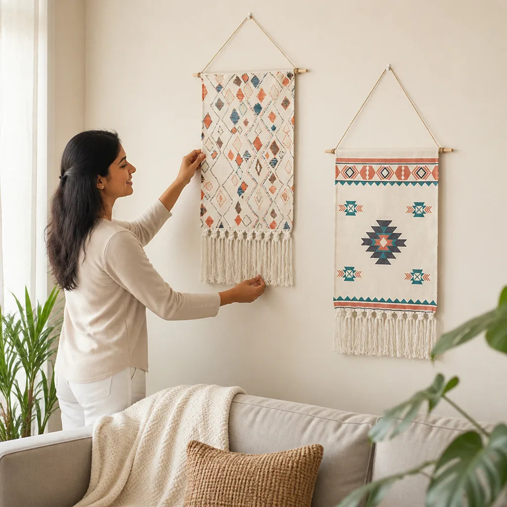 Wall Hanging Set of 2 Woven Cotton-Blend Hand-Knotted Tassels