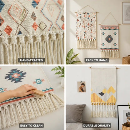 Wall Hanging Set of 2 Woven Cotton-Blend Hand-Knotted Tassels