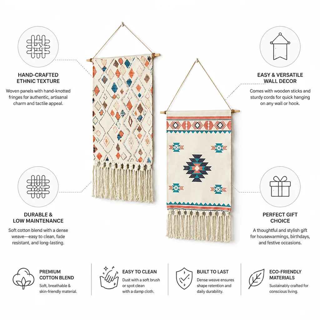 Wall Hanging Set of 2 Woven Cotton-Blend Hand-Knotted Tassels