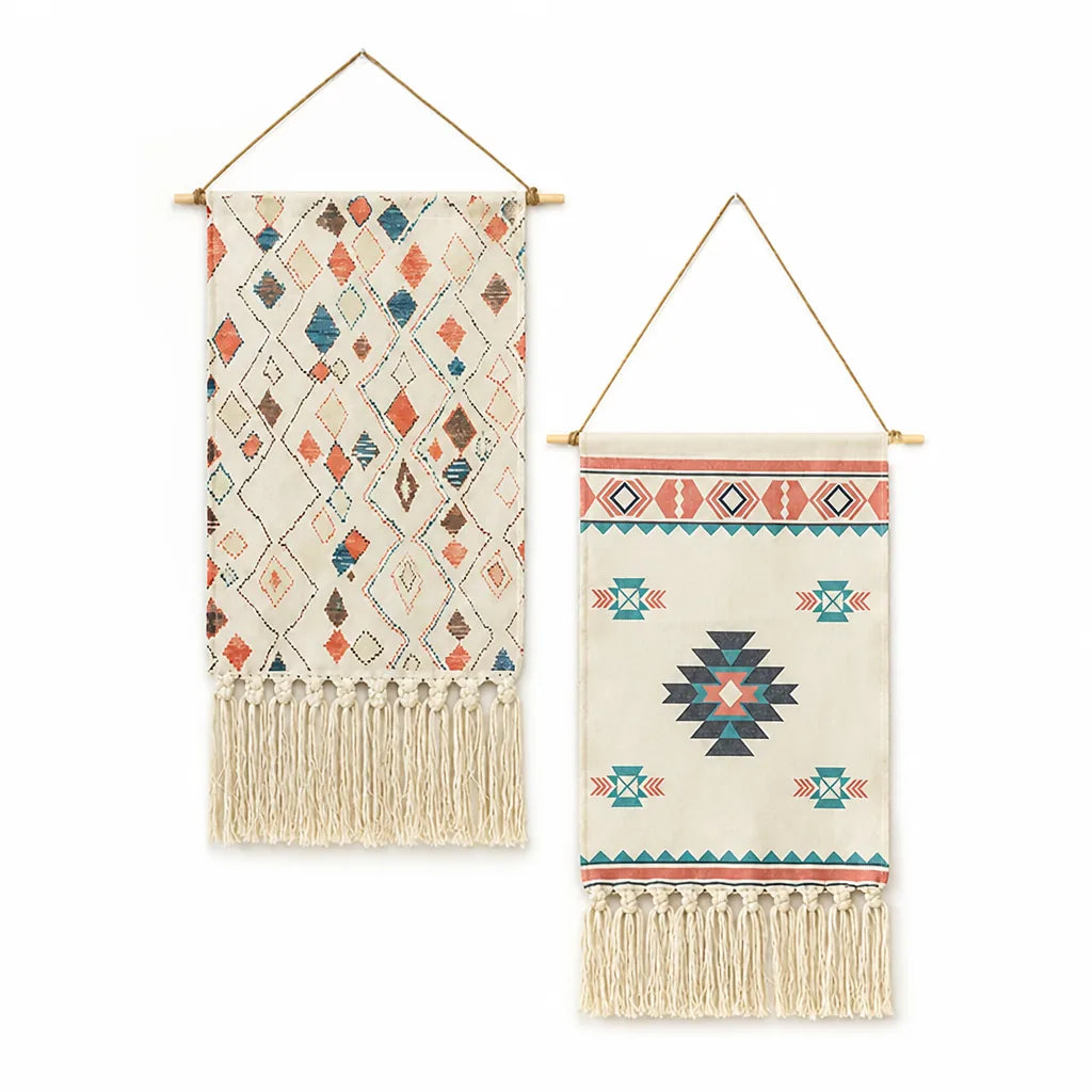 Wall Hanging Set of 2 Woven Cotton-Blend Hand-Knotted Tassels