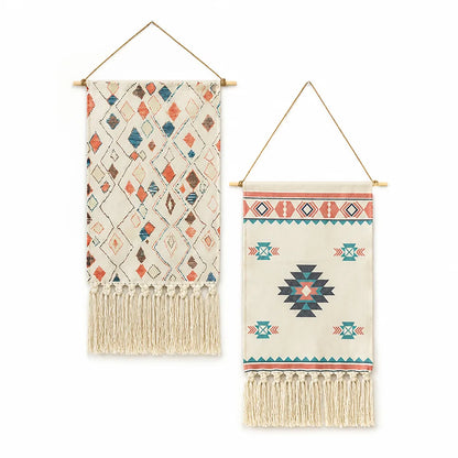 Wall Hanging Set of 2 Woven Cotton-Blend Hand-Knotted Tassels
