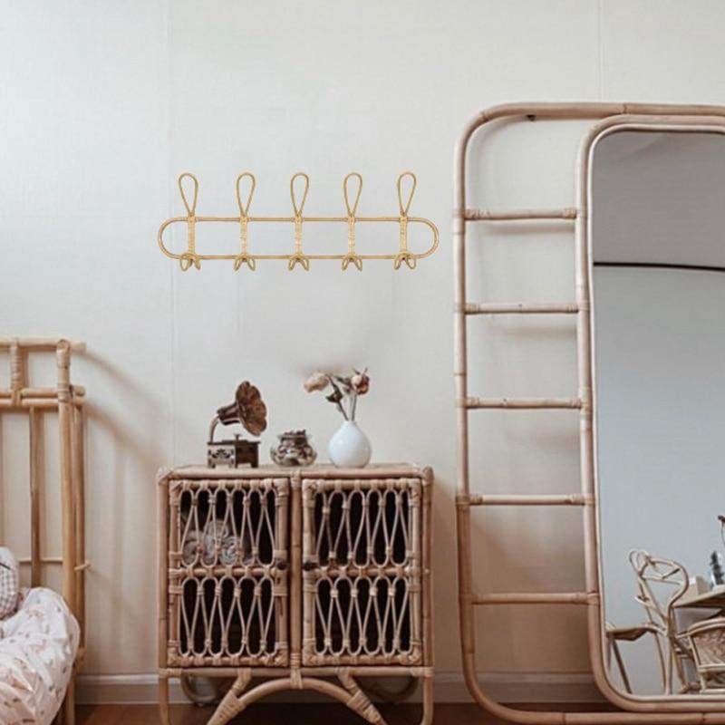 Wall Hook Rack Woven Rattan 5 Hooks Space Saving