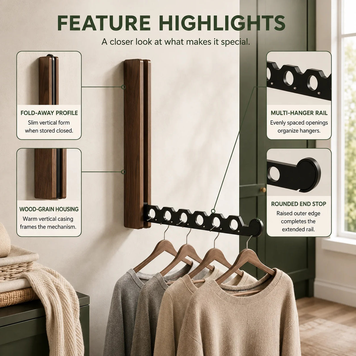 Wall-Mounted Folding Hanger Rail Space-Saving