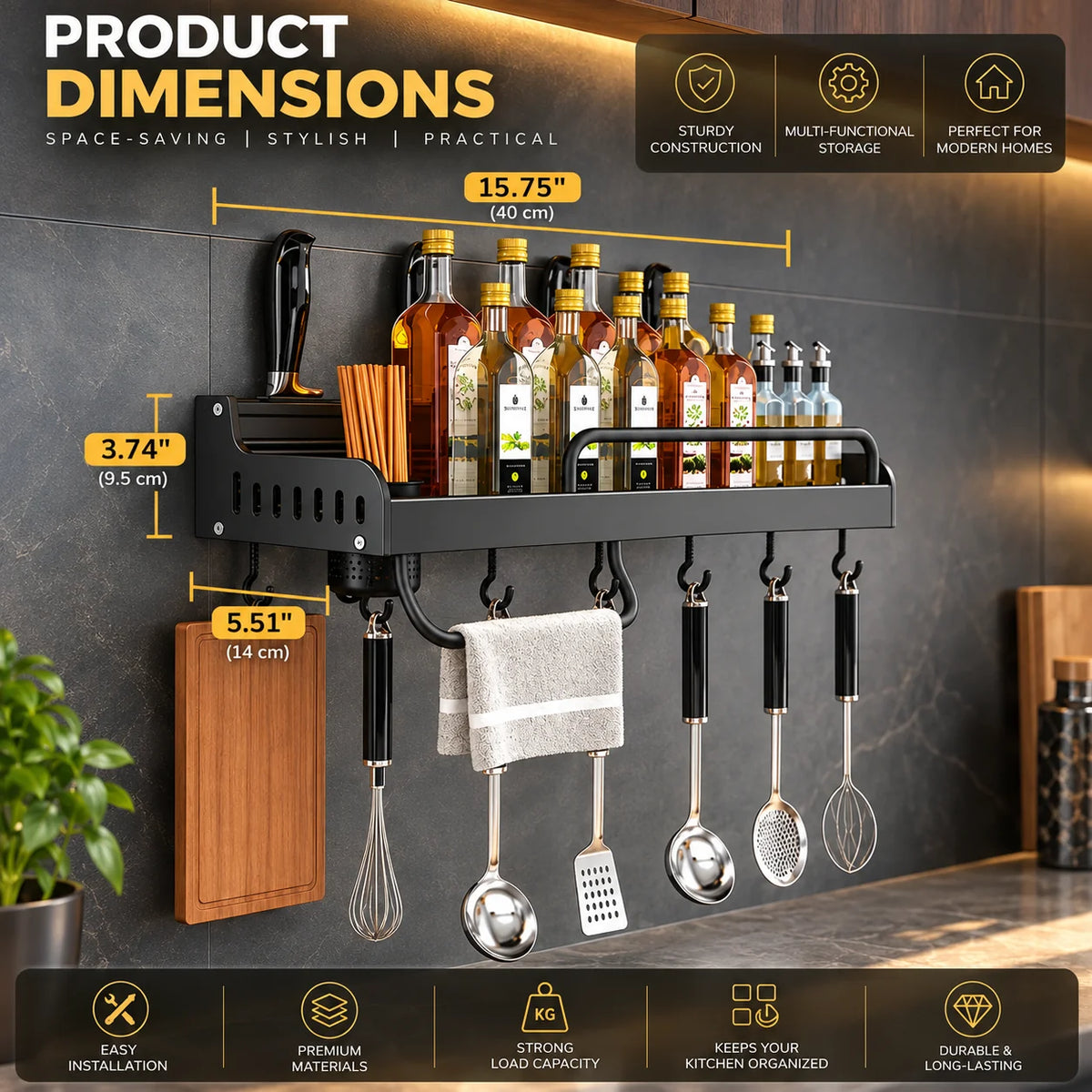 Wall-Mounted Kitchen Rack No-Drill Stainless Steel Knife Slots