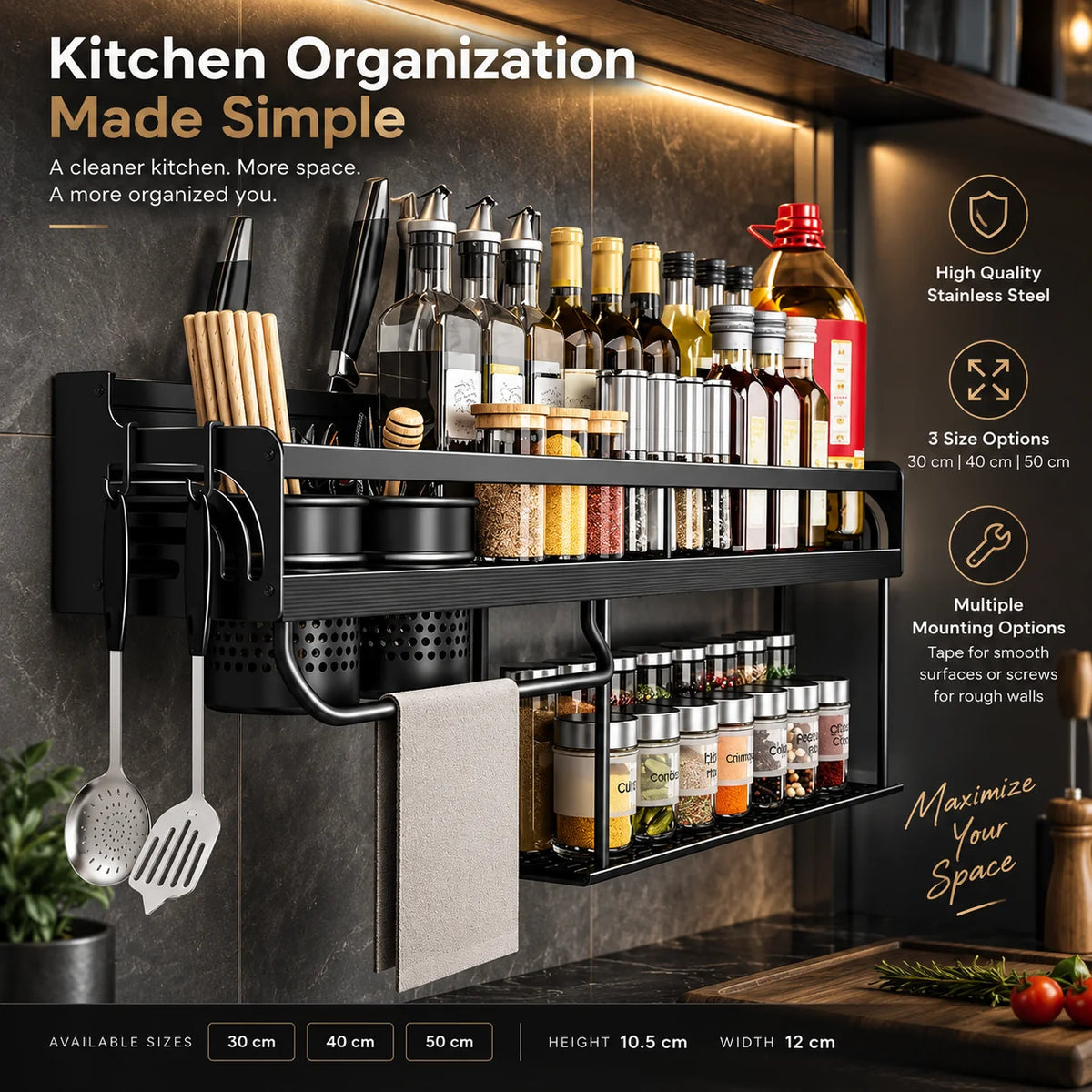 Wall-Mounted Kitchen Rack No-Drill Stainless Steel Knife Slots
