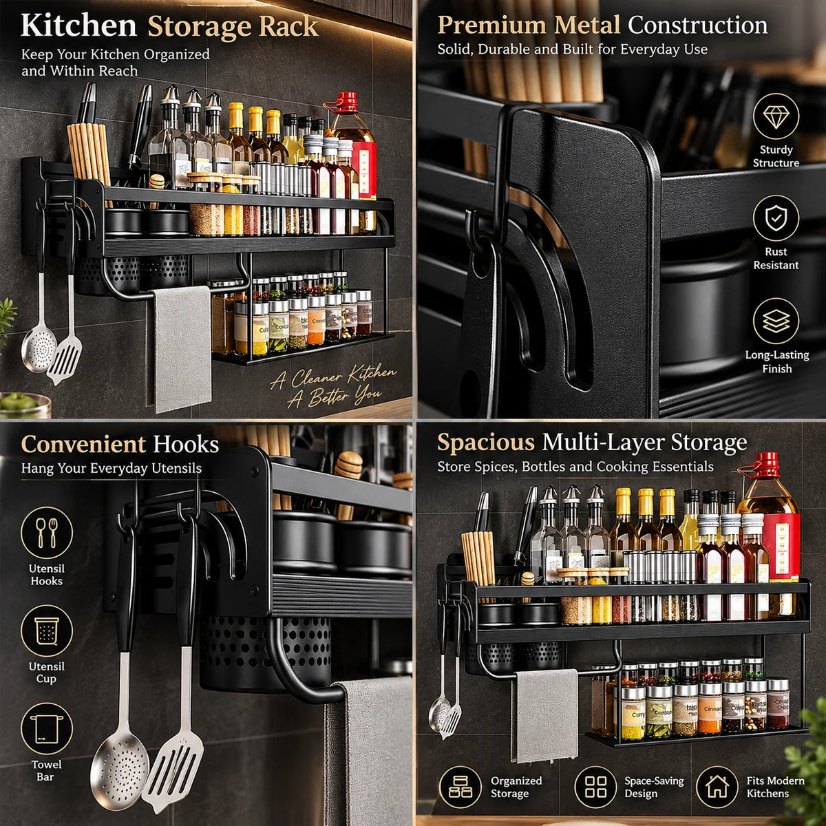 Wall-Mounted Kitchen Rack No-Drill Stainless Steel Knife Slots