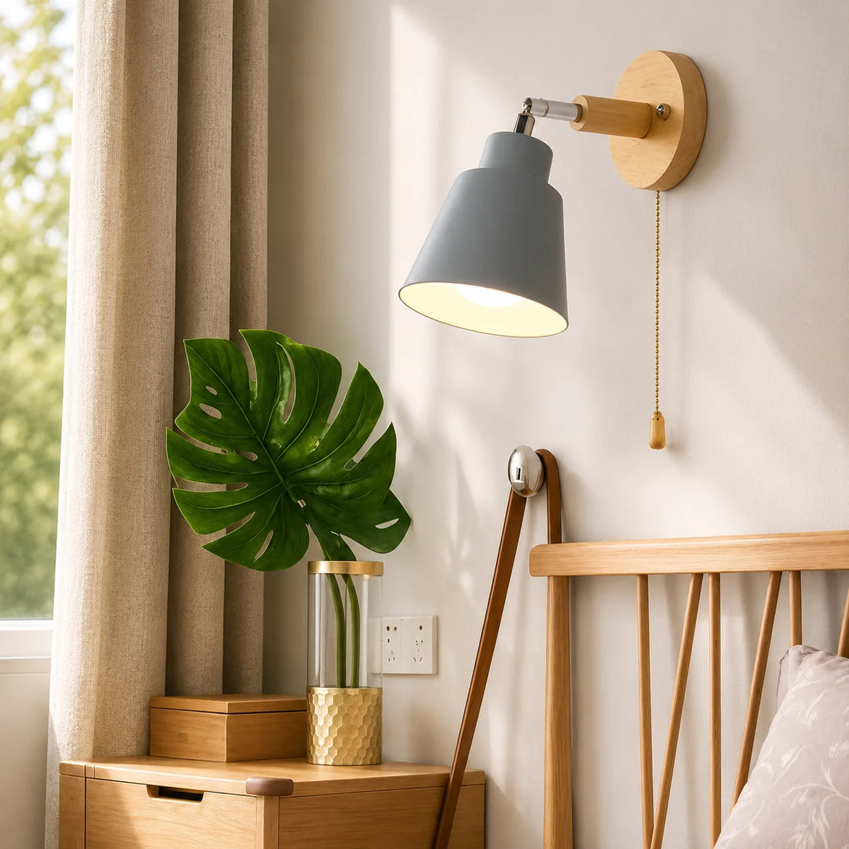 Wall Sconce 180° Rotating Metal Shade & Wood Backplate