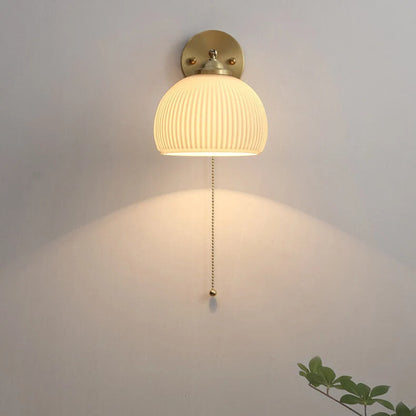 Wall Sconce Hardwired Pull Chain Ribbed White Glass