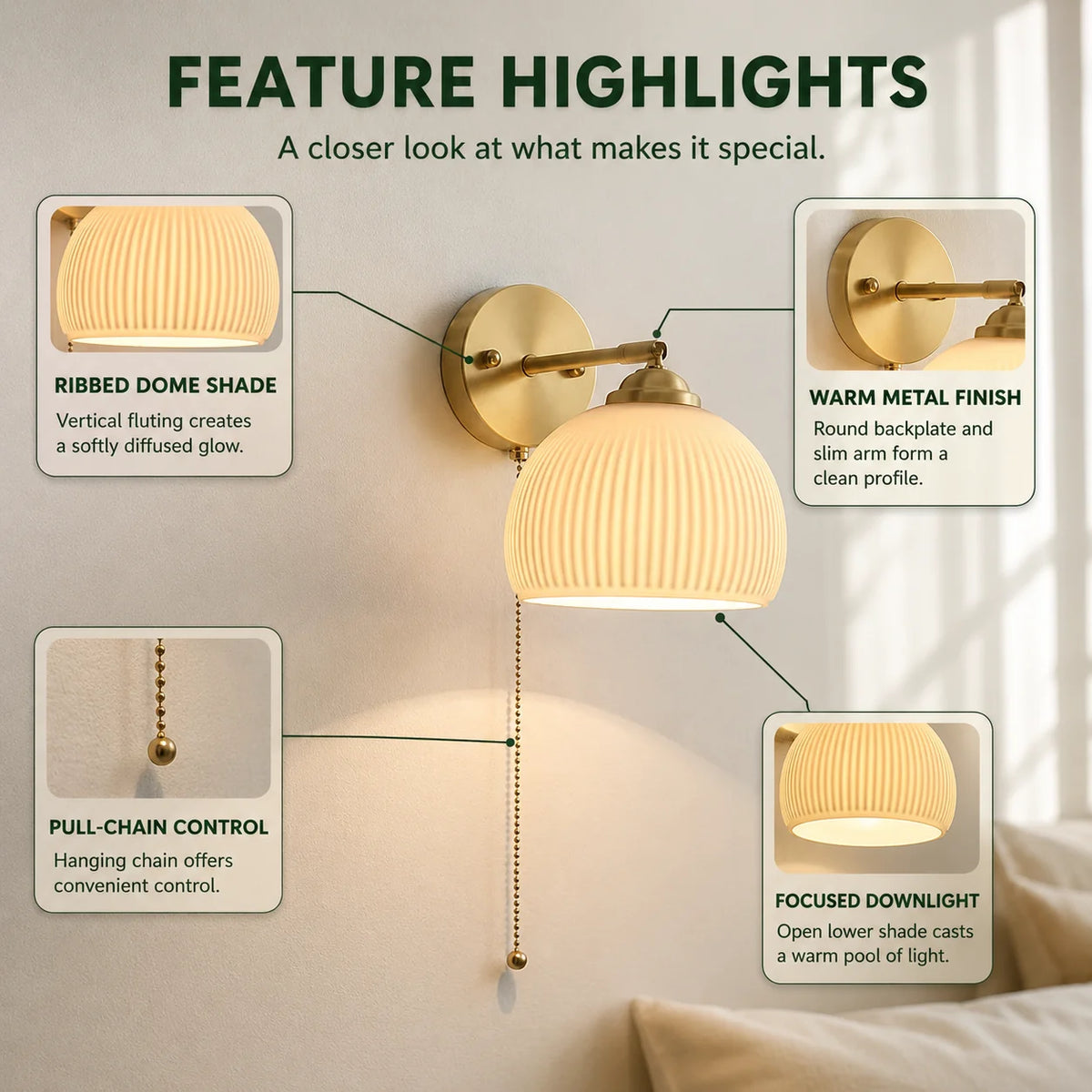Wall Sconce Hardwired Pull Chain Ribbed White Glass
