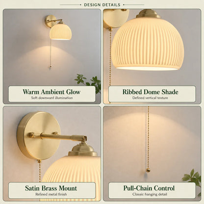 Wall Sconce Hardwired Pull Chain Ribbed White Glass