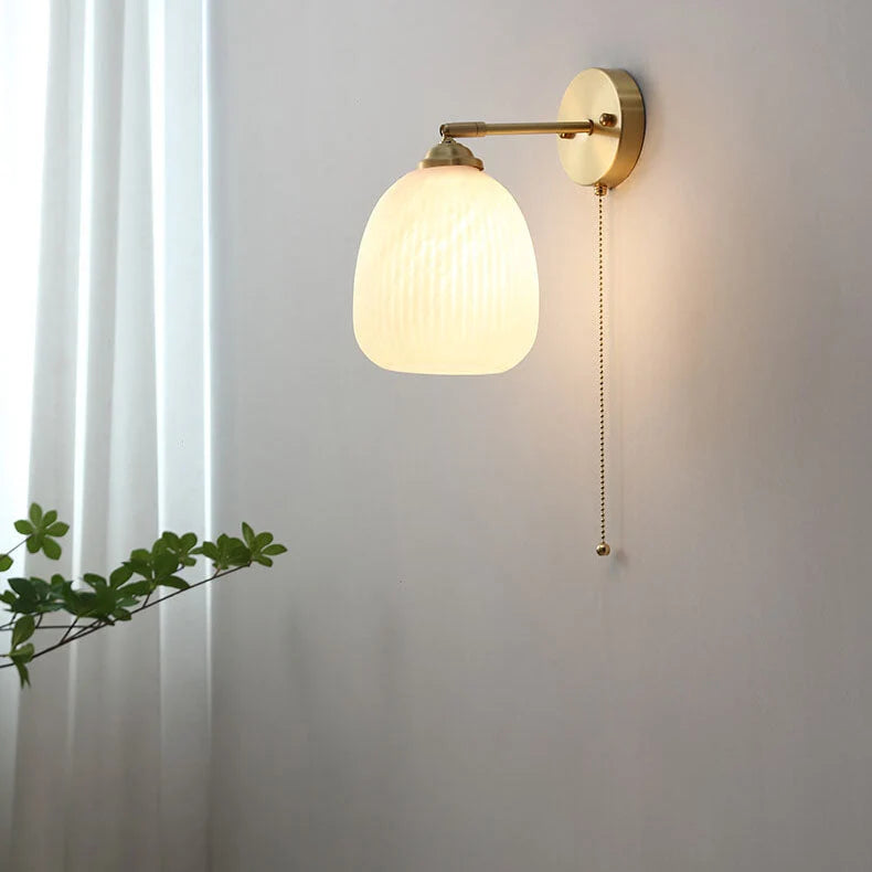 Wall Sconce Hardwired Pull Chain Ribbed White Glass
