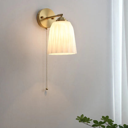 Wall Sconce Hardwired Pull Chain Ribbed White Glass