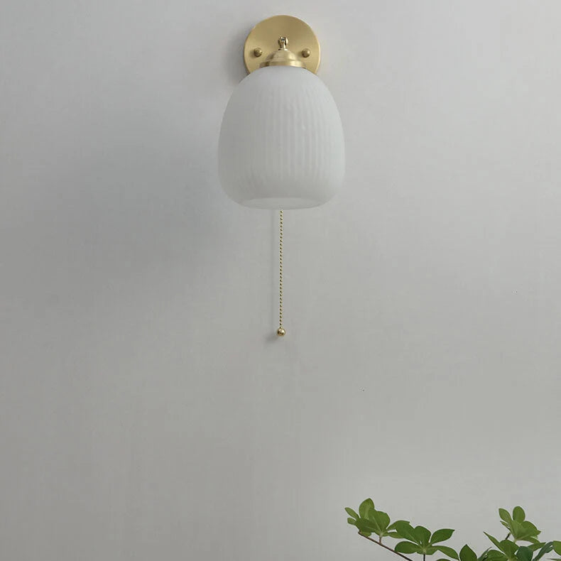 Wall Sconce Hardwired Pull Chain Ribbed White Glass