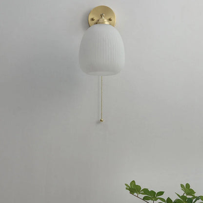 Wall Sconce Hardwired Pull Chain Ribbed White Glass