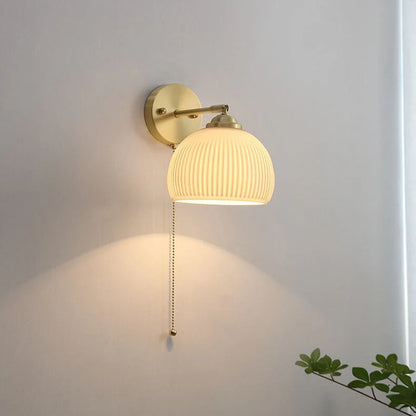 Wall Sconce Hardwired Pull Chain Ribbed White Glass