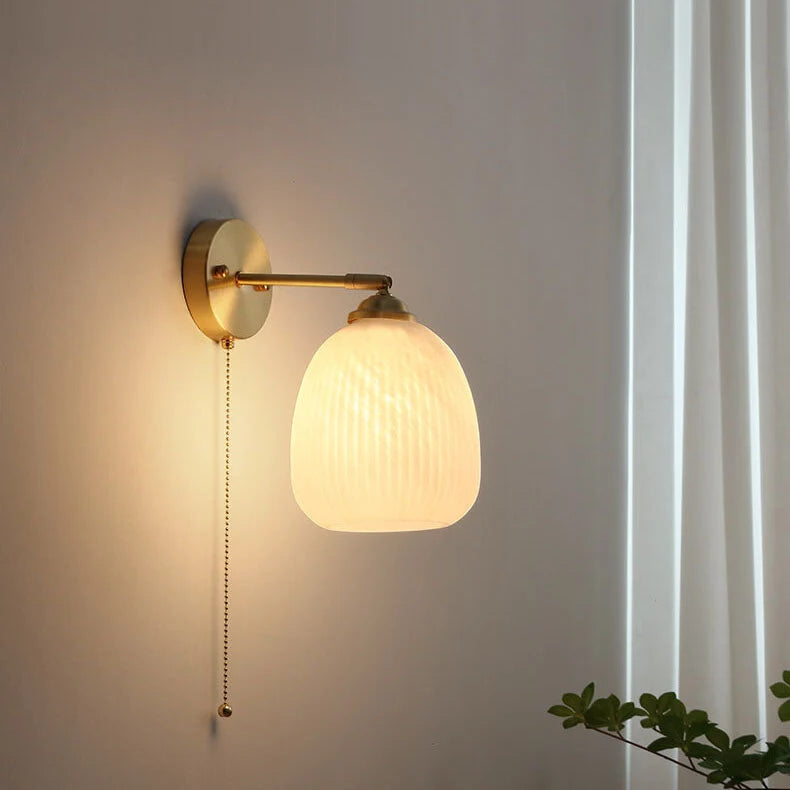 Wall Sconce Hardwired Pull Chain Ribbed White Glass