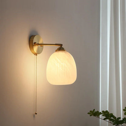 Wall Sconce Hardwired Pull Chain Ribbed White Glass