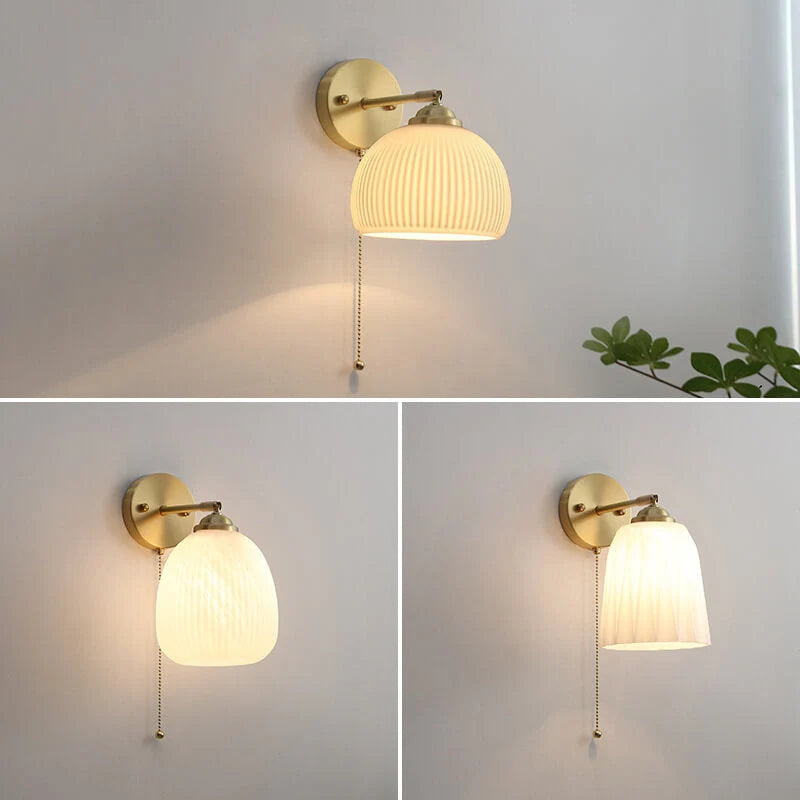 Wall Sconce Hardwired Pull Chain Ribbed White Glass