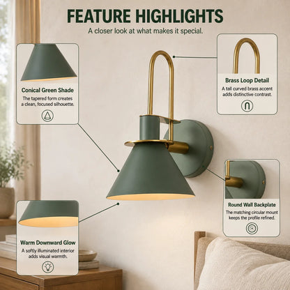 Wall Sconce Metal Cone Shade Curved Arm Downward Focused