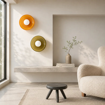 Wall Sconce Mid-Century Colored Glass Ring & Frosted Orb