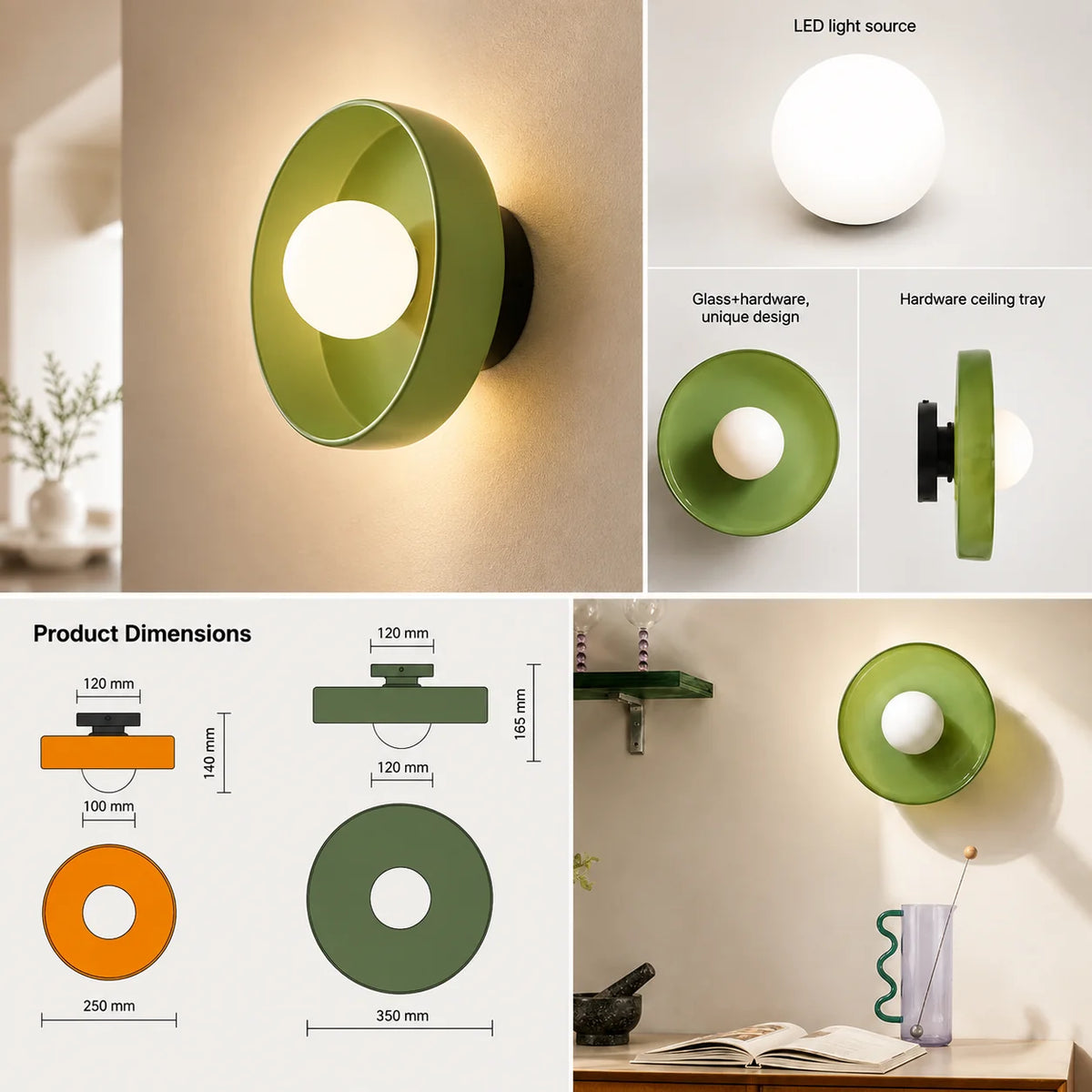 Wall Sconce Mid-Century Colored Glass Ring & Frosted Orb
