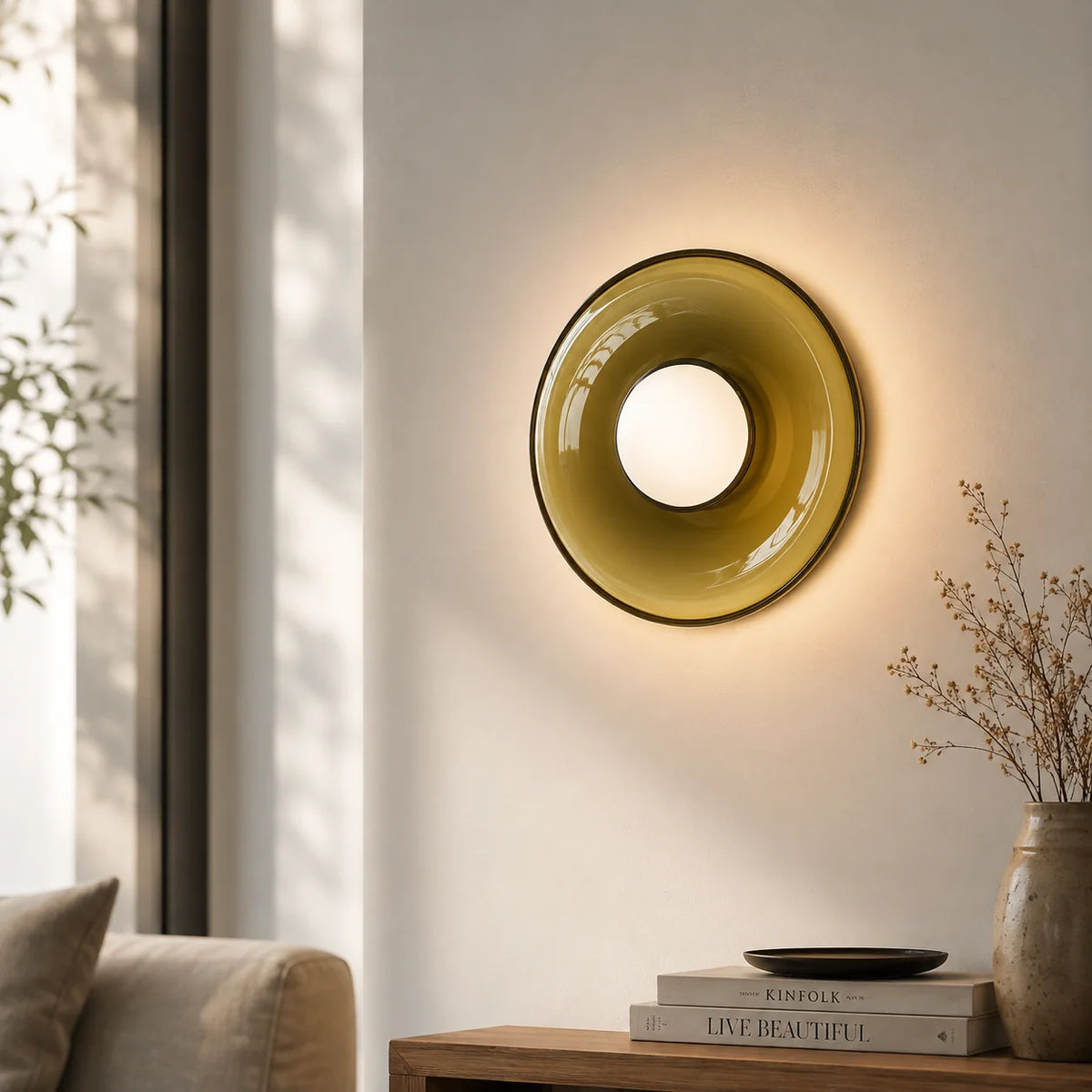 Wall Sconce Mid-Century Colored Glass Ring & Frosted Orb