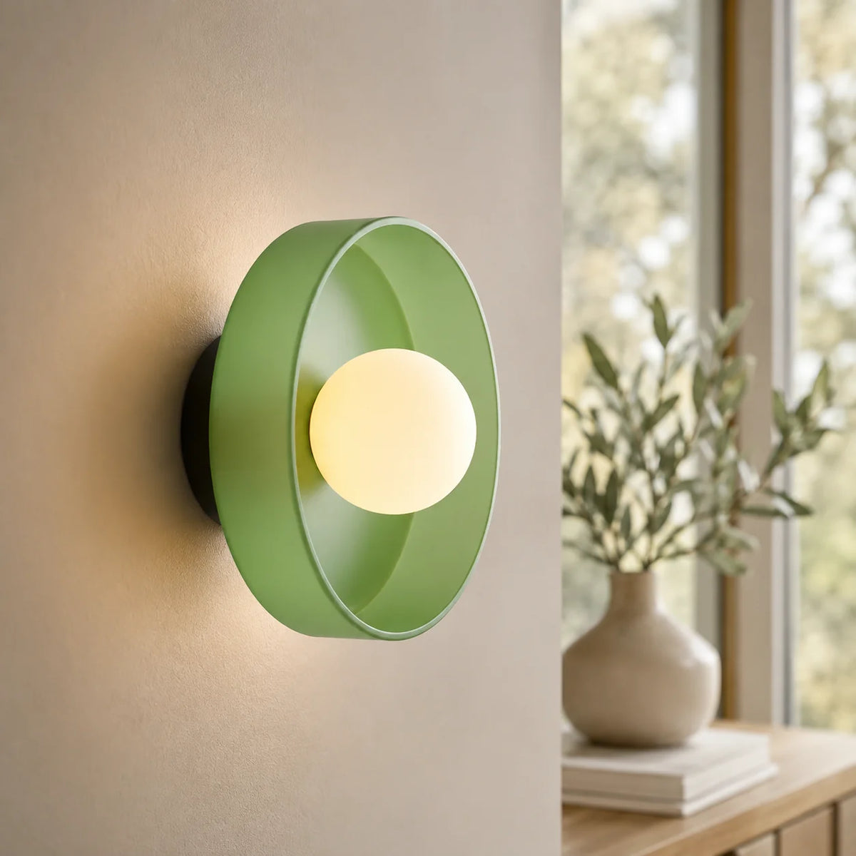 Wall Sconce Mid-Century Colored Glass Ring & Frosted Orb