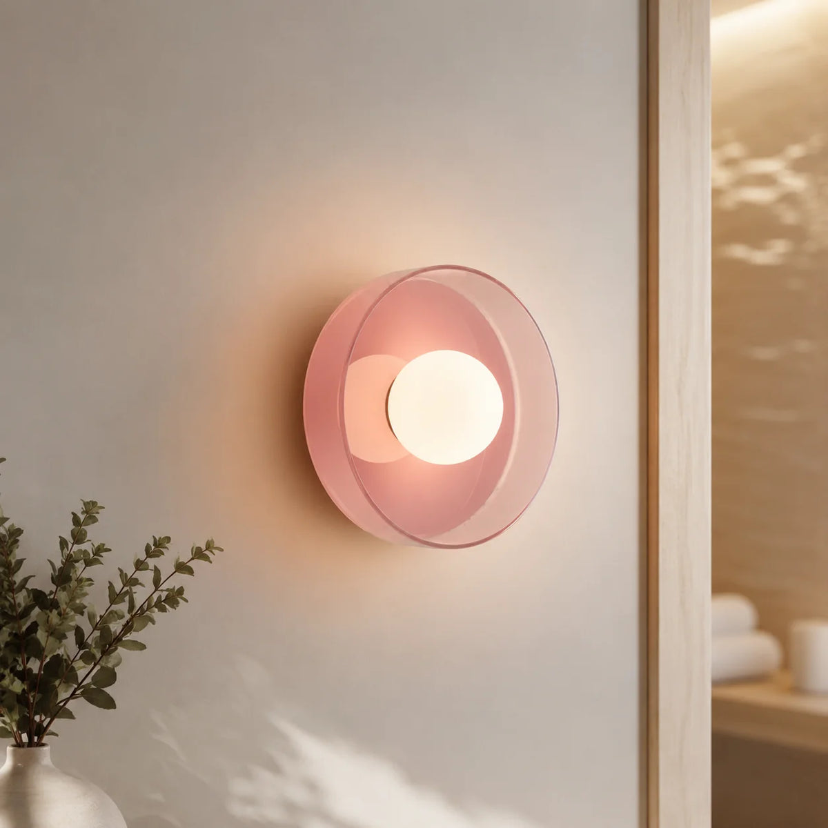 Wall Sconce Mid-Century Colored Glass Ring & Frosted Orb