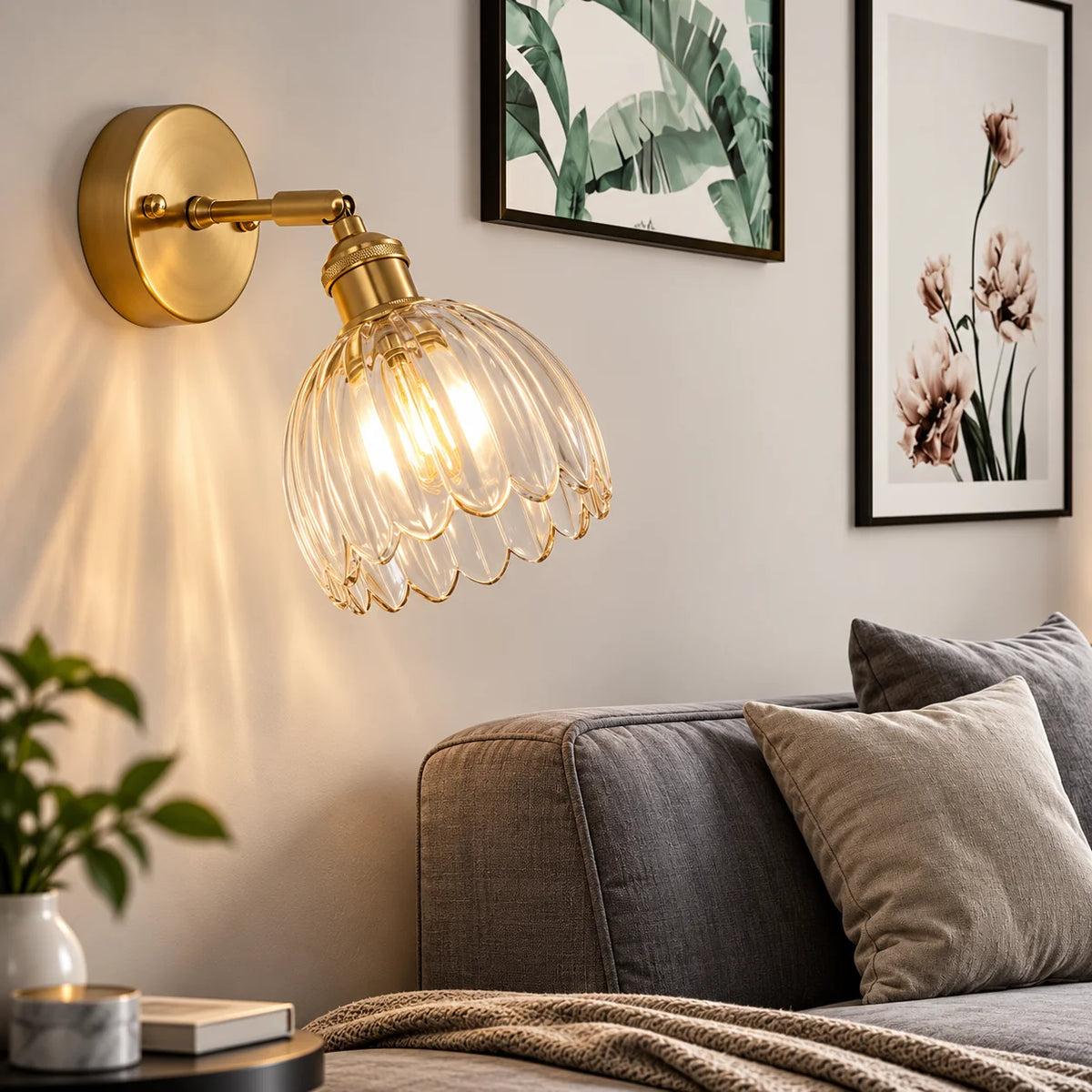 Wall Sconce Petal Glass Shade Brass Mount