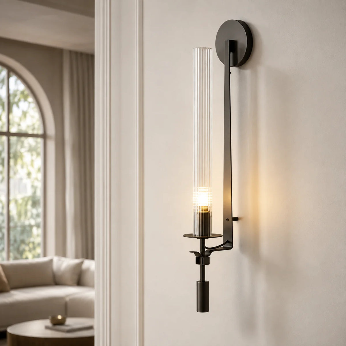 Wall Sconce Vertical Fluted Glass Hand Brushed Iron