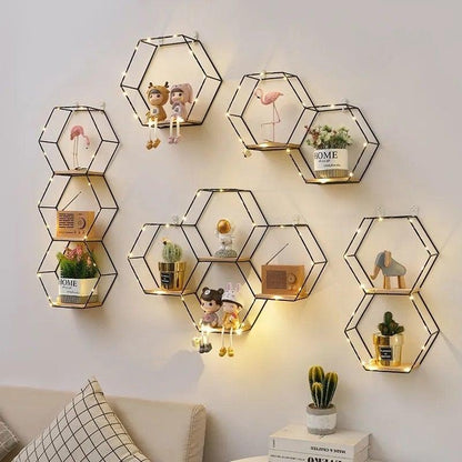 Wall Shelf Iron & Wood Double Hexagon Design