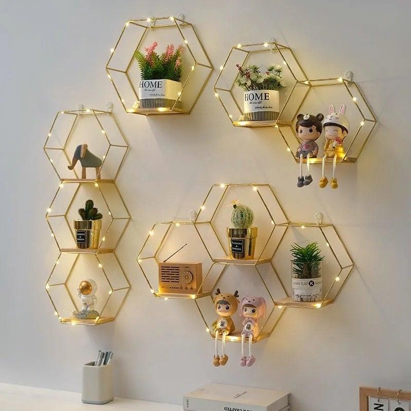 Wall Shelf Iron & Wood Double Hexagon Design