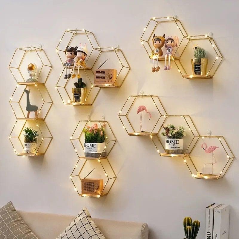 Wall Shelf Iron & Wood Double Hexagon Design