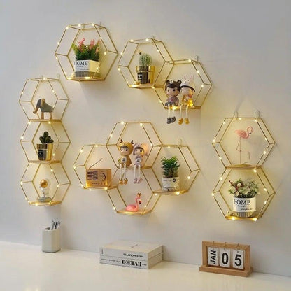 Wall Shelf Iron & Wood Double Hexagon Design