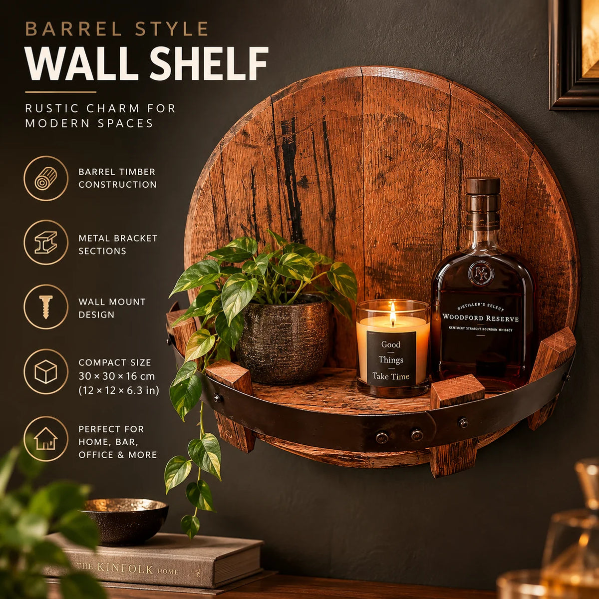 Wall Shelf Round 12 Inch Natural Wood Front Rail